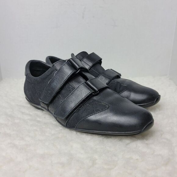 121830 Black Leather GG Canvas Hook & Loop Strap Sneakers...